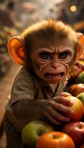 "Hungry Baby Monkey Learns Kindness in a Bustling Bazaar 🍊🐒"