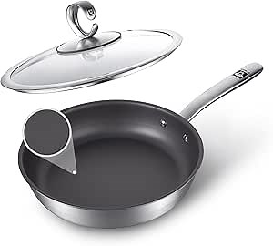 11-Inch Titanium Uncoated Pan, Nonstick Frying Pan with Lid – Stainless Steel Base Skillet, Dishwasher & Oven Safe, Induction Compatible, Non-Toxic & Easy to Clean Titanium Cookware