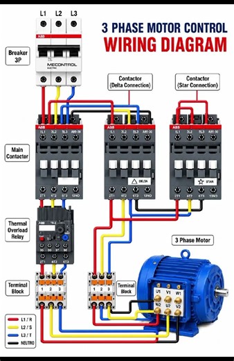 Title: ⚡ 3-Phase Motor Star-Delta Wiring Diagram | Complete Motor Control Connection