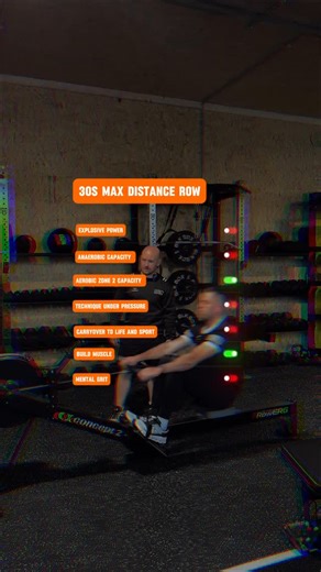 30 seconds, all-out effort… but why? The max distance row is short but intense, training explosive power, anaerobic capacity, and mental grit. Pushing hard for 30 seconds challenges the legs, back, and core under fatigue while reinforcing efficient technique. The strength and speed you develop carry over to climbing stairs, carrying heavy loads quickly, and short bursts of effort in sport. It teaches you to push hard, maintain control, and develop explosiveness safely and effectively. Explosive 