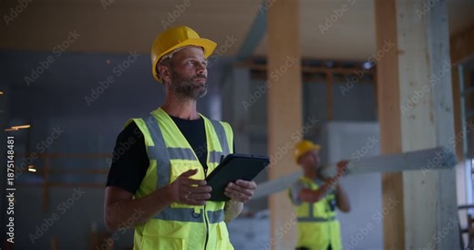 Construction Worker Uses a Digital Tablet to Track Onsite Tasks, Coordinate Trades and Details, Modern High Quality Standards for Premium Commercial Residential Building Interior