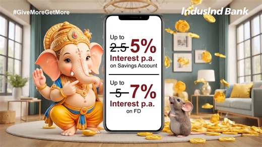 17K views · 169 reactions | Blessings bring prosperity, and so do smart returns! This #GaneshChaturthi, give an auspicious start to your financial journey with #IndusIndBank ✨ Up to 5% interest p.a. on savings ✨ Up to 7% interest p.a. on FD Download the IndusInd Bank Mobile App - INDIE, and open your savings account today! #GiveMoreGetMore #FixedDeposit #Savings | IndusInd Bank | Facebook