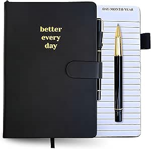 Black A5 Hardcover Notebook, 144 Pages, Lined Leather Journal with Pen, Better Everyday Journal & Daily Planner for Tasks, Checklists, Writing, Productivity, Goal Setting