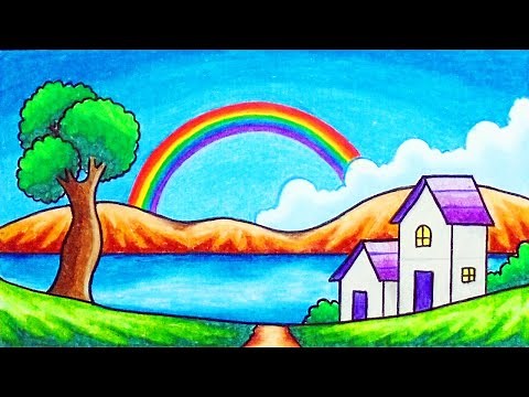 How to Draw Easy Scenery | Drawing Rainbow in the Village Scenery Step by Step with Oil Pastels