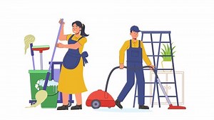 Represent housekeeping services in flat vector animation. Characters clean, organize, and maintain spaces, using a simple, modern visual design with flat style elements.