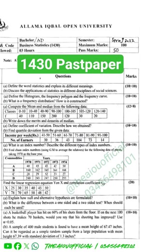 Bussinesstatistics1430 Past Paper #Bussinesstatistics1430 #AIOUPastPapers #spring2022