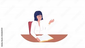 Animated tutor character. Teacher explains material. Read loud. Full body flat person on white background with alpha channel transparency. Colorful cartoon style HD video footage for animation