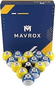 Billiard Balls Set of 16 - Premium Polyester Resin Billiards Accessories - Vibrant Blue and Yellow Pool Table Balls - Regulation 2 ¼ Size and 6 Ounce Weight Pool Balls for Pool Table