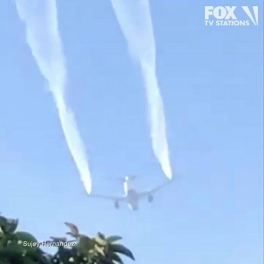 BREAKING: Video appears to show the aircraft reported to have performed an emergency fuel dump over a wide area in Los Angeles. Jet fuel spill from the aircraft was reported at multiple locations, including Park Avenue Elementary in Cudahy and San Gabriel Avenue Elementary in South Gate, where 20 elementary school students are being evaluated for exposure after some of it reportedly landed on the playground. MORE: http://bit.ly/2QSQKPN | FOX 11 Los Angeles