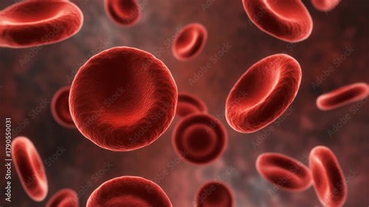 Microscopic view of red blood cells flowing, showcasing their biconcave shape in a fluid environment.