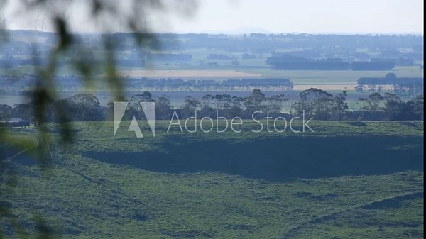 A wide rural landscape near Camperdown, Victoria, Australia, showing rolling green farmland and the expansive Western Victorian Volcanic Plains. A peaceful and open countryside atmosphere.