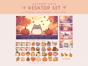 Autumn Cats Desktop Icon Set Cozy Fall Kawaii Cat Wallpapers and Folders Cute Kawaii Fall Aesthetic Desktop Icons Cozy Computer Decor - Etsy