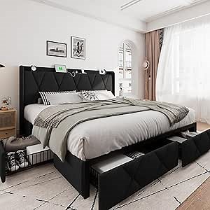 iPormis King Size Bed Frame with 4 Storage Drawers, Upholstered Platform Bed Frame with Charging Station, Modern Wingback Storage Headboard, Easy Assembly, Black