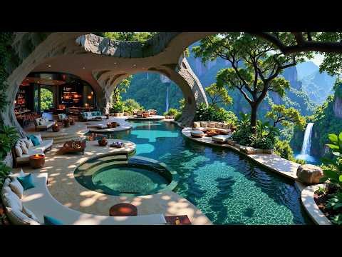Smooth Jazz & Calm Cave Lounge Ambience | Peaceful Morning With Soft Jazz Melodies by the Waterfall