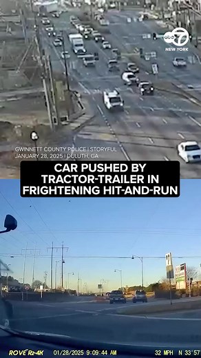 Police in Georgia released video of a terrifying hit-and-run during which a car was pushed sideways along a road by a tractor-trailer. The driver of the car was not injured, and called police. The driver of the tractor-trailer left the scene, but a suspect was later identified and arrested. | ABC7NY