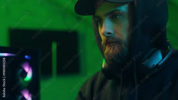 Thoughtful programmer man typing code computer thinking male guy technology working internet connect cyberspace hacker network web user system website browser broadcast professional pc language server