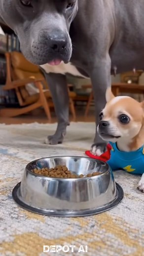Watch this hilarious clip! A tiny Chihuahua puppy dressed as Superman tries to get some food, but a much bigger dog comes over and completely takes over the bowl. The little superhero's tiny barks at the end are priceless! #funnydogs #puppy #dog #superman #dogcostume #chihuahua #bulldog #funnyanimals #cute | depotai