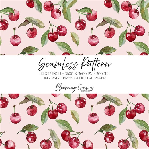 Watercolour Cherries Seamless Pattern, Pale Pink Background, Cute Fruit Design, Sweet Summer Cherry Print, Girly Kitchen Pattern - Etsy