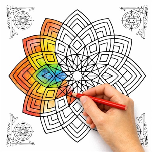 Three sample coloring pages and one usage example (free) from the adult coloring book "Sacred Geometry Coloring Book for Adults: Mystical Patterns for Relaxation and Mindfulness" - Tatewaki Publication - BOOTH