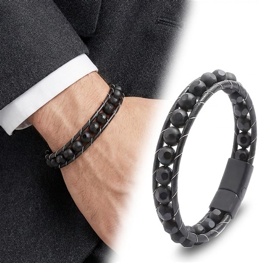 Men's Matte Black Onyx Stone Leather Bracelet - Etsy