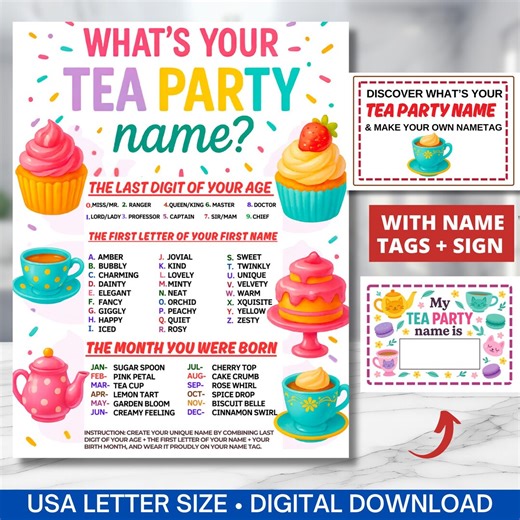 What's Your Tea Party Name Game With Nametags & Sign,birthday Tea Party Game Printable(kids adults),garden Party Game, Baby Shower Activity - Etsy