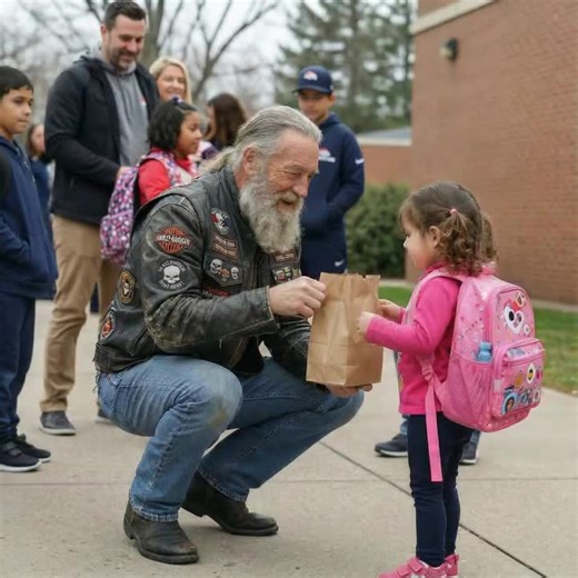 My 5-year-old daughter has been giving her lunch to a scary biker every day, and the principal finally called me. I got the call at work telling me my five-year-old was in the principal's office for "dangerous behavior with a stranger," and I broke every speed limit racing to get there. My name is Amanda Torres and my daughter Lily is the kindest soul I've ever known. Too kind sometimes. The kind of kid who cries when she sees a stray dog. Who gives away her toys to kids who look sad. Who asks m