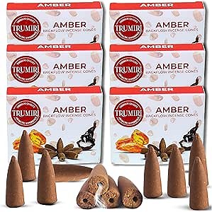 Amber Backflow Incense Cones - 60 Cones, Six Packs of 10, Waterfall Effect