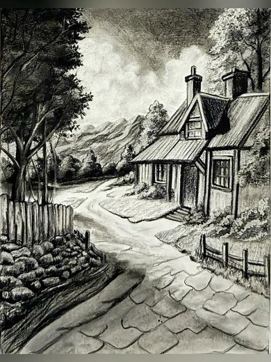 Landscape Drawing with Pencils | Step by Step Charcoal Art | Sky, Clouds, Mountain, Trees, Cottage