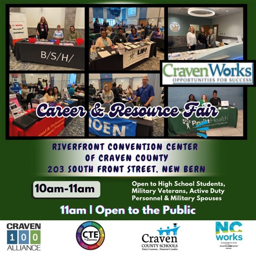 NCWorks Craven on Instagram: "🎉 Mark Your Calendars! 🎉 Join us for the 11th Annual Craven Works Career & Resource Fair happening on Wednesday, March 18, 2026, at the Riverfront Convention Center of Craven County (203 South Front Street, New Bern). 🕘 Special Access (10:00 AM – 11:00 AM): Open exclusively to high school students, military veterans, active duty service members, and military spouses. 🕚 Open to General Public (11:00 AM – 2:30 PM) Meet with 70+ employers and resource partners read