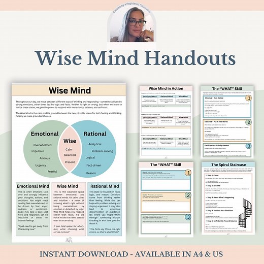 Wise Mind Therapy DBT Worksheets: Mindfulness Counseling Resources (printable PDF) - Etsy