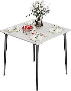 Wisfor Sintered Stone Dining Table: 32 Inch Square White Kitchen Breakfast Table with Black Metal Legs - 30 Inch High Restaurant Table for 4