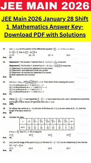JEE Main 2026 January 28 Shift 2 Mathematics Answer Key-Download PDF with Solutions#jeemainanswerkey