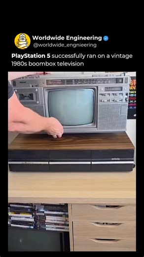 WORLDWIDE ENGINEERING 🌍 on Instagram: "Old school hardware meets modern gaming. In this clip a PlayStation 5 is successfully running on a vintage 1980s boombox television, proving just how adaptable modern technology can be. With the right signal conversion and engineering know how, a cutting edge console can interface with displays that were never designed for anything beyond analog signals. It’s a fascinating reminder that technology doesn’t always move in straight lines. Sometimes innovation
