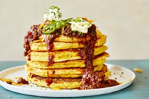 Cornmeal Pancakes with Sausage and Bacon Chili