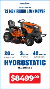 Get a standing ovation with the Husqvarna TS 142K Riding Lawn Mower for $8499 from Equip4You, featuring 20hp engine power, 3 gal. fuel tank, and 42” cutting width to deliver a superior quality cut. #Equip4You #Husqvarna #lawnmower #ridemower #gardening | Equip4you | Facebook