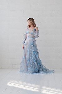 Azura - Blue Wedding Dress / Unique Bridal Gown / 3D Floral Wedding Dress / Bustle Wedding Dress / Poet Sleeves Gown / Bridal Separates - Etsy