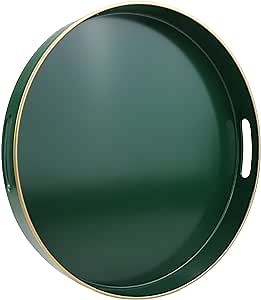 Green Round Decorative Tray with Handles, 13" Versatile Serving Tray for Coffee Table, Ottoman, Ideal for Serving, Displaying, Organizing