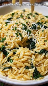 Orzo cooked and tossed. Sprinkle garlic, pepper, parmesan. Simmer in cream for 5 minutes until silky, cheesy, and packed with garlicky spinach goodness. Ingredients ➤ 1 cup orzo pasta ➤ 2 tbsp olive oil ➤ 4 cloves garlic, minced ➤ 2 cups fresh spinach, chopped ➤ 1 cup heavy cream FULLL Recipe in First Cօʍʍеոτ 👇👇👇 | Nessy Recipes