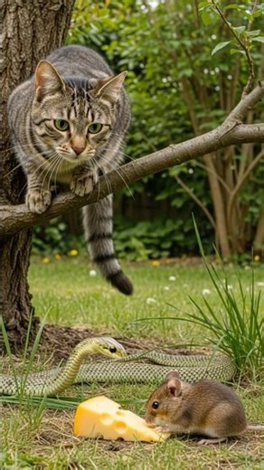 Will the Snake Attack the Mouse? The Cat is Watching the Entire Show... 😼