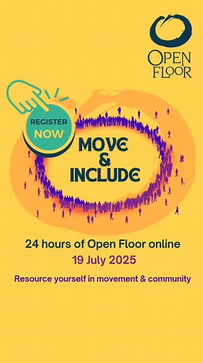 Are you joining us? July 19th | 24 hours of Mindful & Embodied Movement ONLINE Move & Include, your place to... 🌏 Connect with dancers and teachers around the world 🤩 Be part of a regenerative community of movers, anchoring ourselves in embodied mindfulness 👣 Be inspired by a variety of sessions covering different aspects of the Open Floor curriculum 🎶 Enjoy 24 hours of dancing with amazing Open Floor DJs and raise funds for OFI's non-profit mission 🫶 Participate in Open Space Technology wh