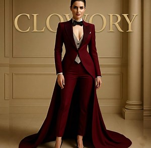 CLOVORY Burgundy Women’s Wedding Suit With Long Train,wine Red 3 Piece Female Tuxedo for Bride,avant Garde Bridal Tailcoat, Formal Prom Suit - Etsy