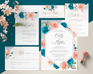 Turquoise and Coral Wedding Invitation Template Set, Wedding Invite Template Suite • INSTANT DOWNLOAD • Editable, Printable Templates - Etsy