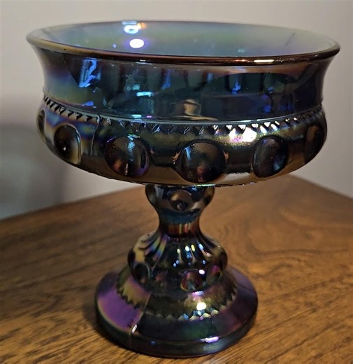 Indiana Blue Carnival Glass Compote – Iridescent Teardrop & Garland Pattern – Mid-century Pedestal Candy Dish - Etsy
