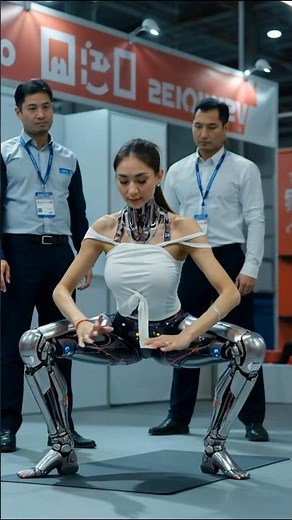 Cyborg Demonstrates Deep Knee Bend Movement at Futuristic Robot Expo