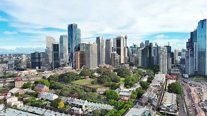 Sydney, Australia: Aerial view of skyscraper skyline of Sydney central business district (CBD) in capital city of Australian state of New South Wales and most populous city in Australia