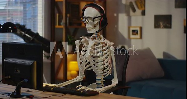 Skeleton with headphone sitting at computer
