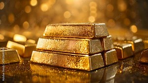A stack of gold bars with a shiny, reflective surface. The bars are piled on top of each other, creating a sense of height and importance. The image conveys a feeling of wealth and luxury