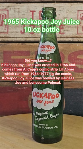 1965 KICKAPOO JOY JUICE 10 OZ BOTTLE #1960s #vintagesoda #kickapoo #lilabner #oldglassbottles #acl