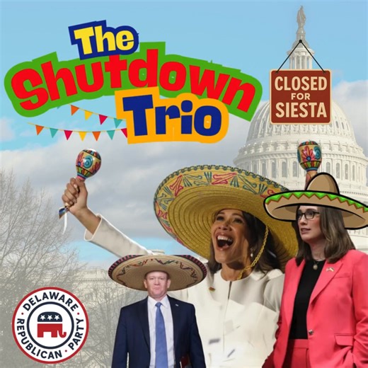 Delaware families are hurting from the Schumer Shutdown, delayed VA services, furloughed workers, skyrocketing healthcare costs, and cuts to vital programs. But who’s standing in the way? Our own Delaware SHUTDOWN TRIO: U.S. Senator Chris Coons, U.S. Senator Lisa Blunt Rochester, and Congresswoman Sarah McBride. While everyday Delawareans wait for paychecks and flood insurance, these Democrats are enjoying their SIESTA, fighting to protect taxpayer-funded healthcare for illegal immigrants under 