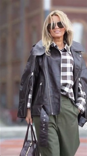 Chocolate Leather Biker Jacket, Plaid Shirt and Olive Green Chino Trousers #streetstyle #outfitideas